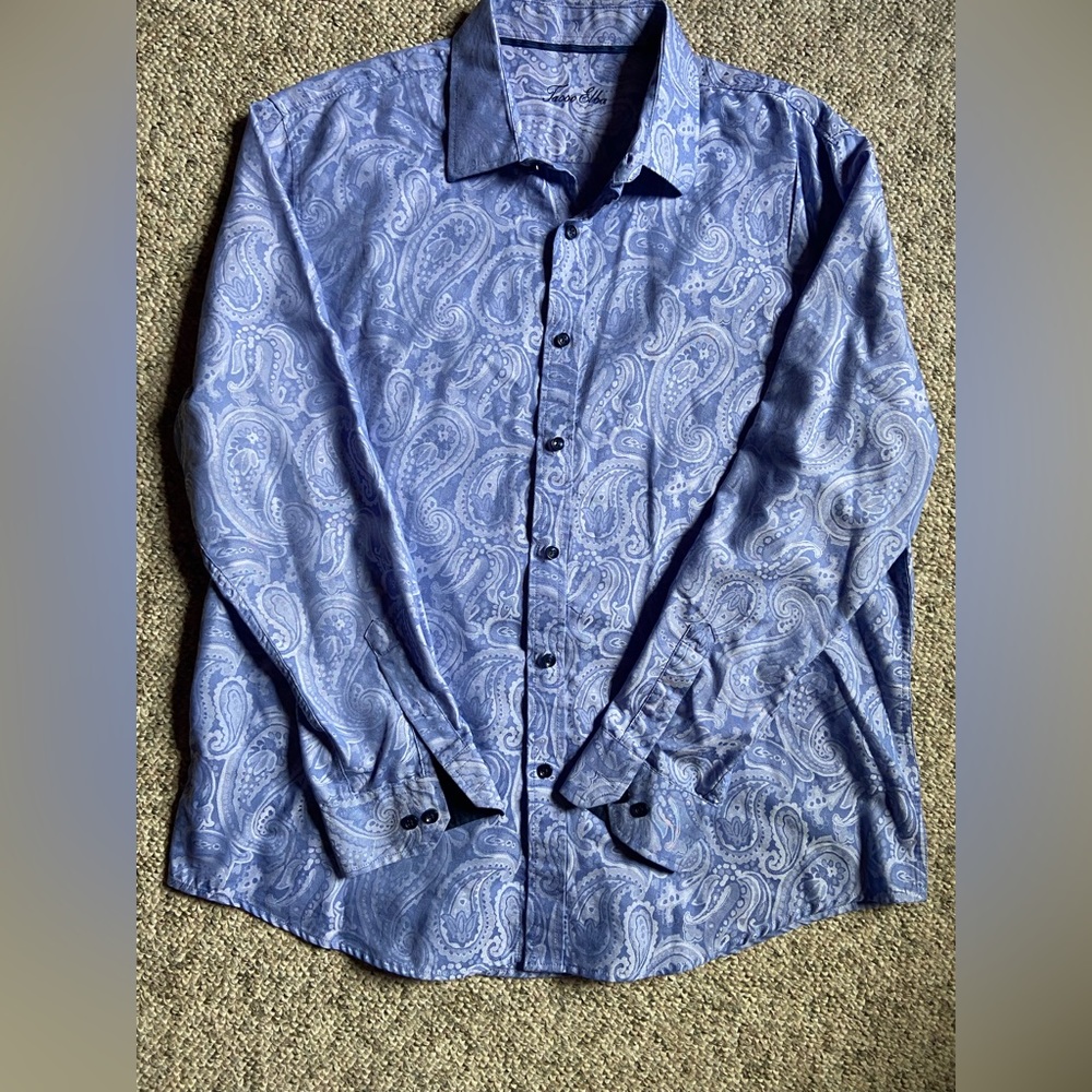 Tasso Elba Mens 100% Linen Purple Paisley Long Sleeve Button Up Shirt 17-17.5